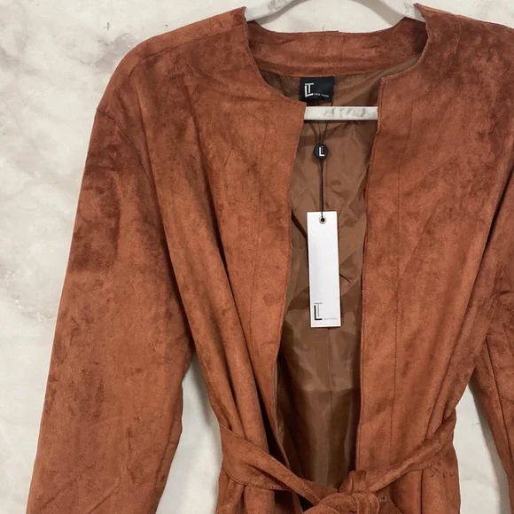 Love Token Faux Suede Leather Open Front Belted Jacket - Picture 4 of 12